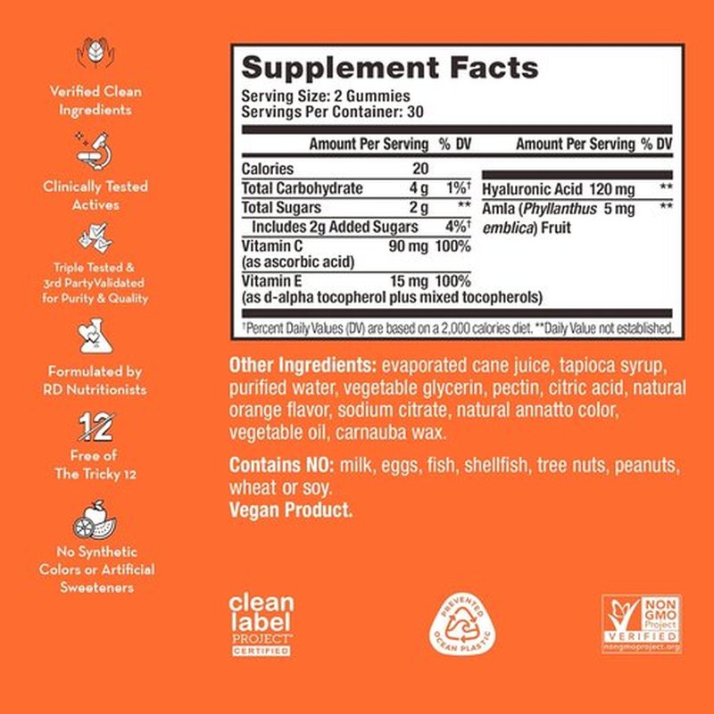 HUM Hyaluronic Glow Hydrating Skin Care Supplement - Vegan Gummies with Low Molecular Hyaluronic Acid & Vitamin C | Tangerine Flavor, 60 Count