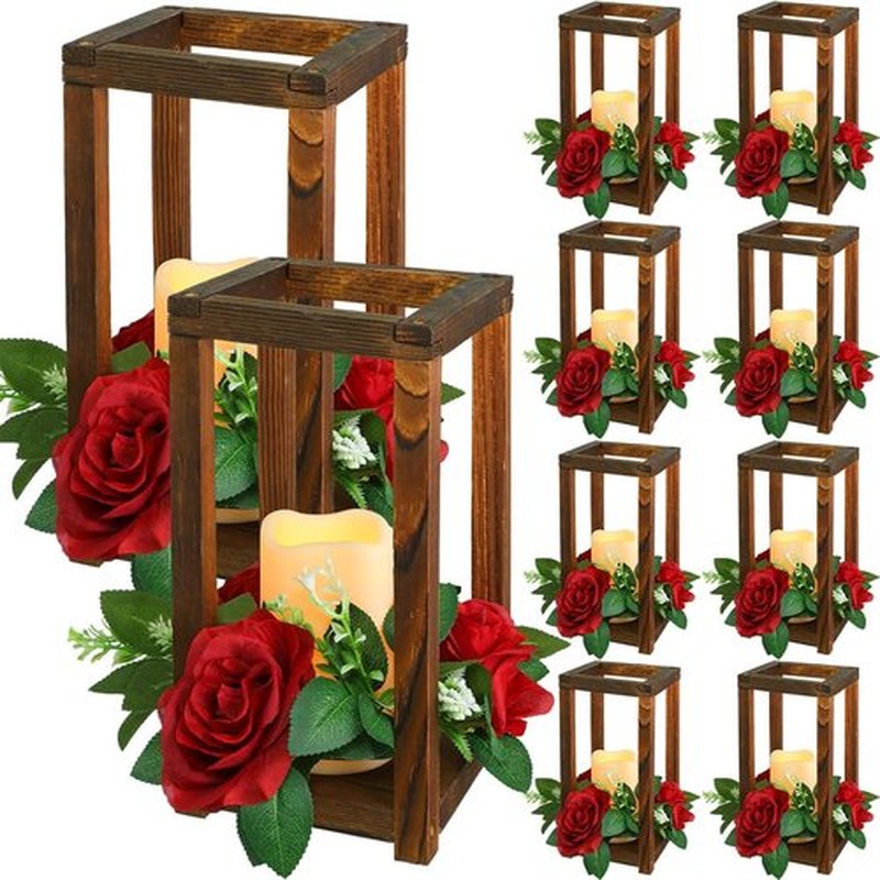 Hushee Wedding Lantern Centerpiece - 30 Pcs Rustic Wooden Holders with Candles | Farmhouse Decor (Brown & Red)