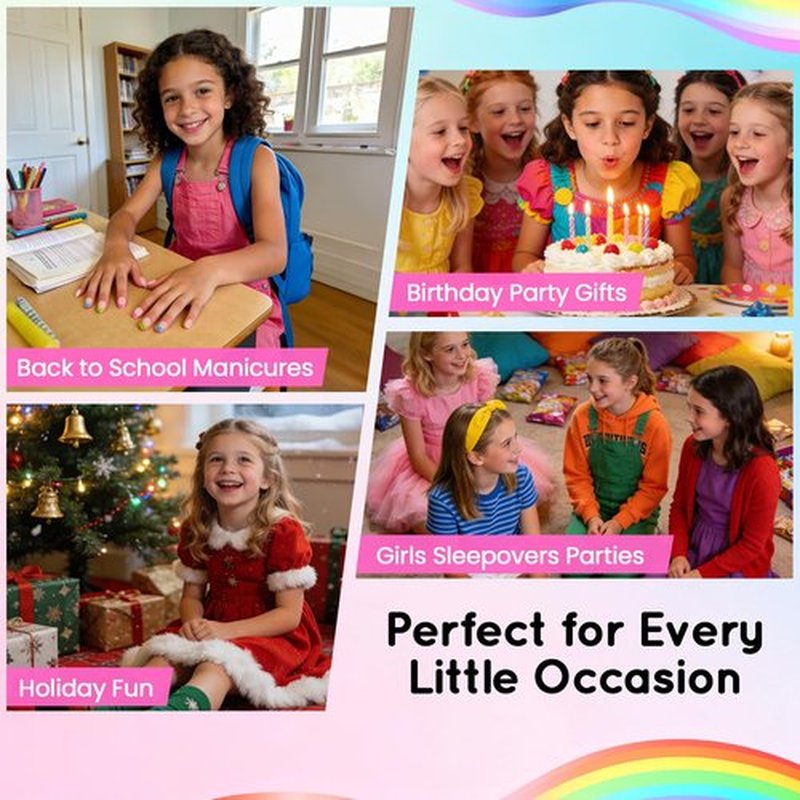 72 Pcs Press on Nails for Kids, GlimightyX 3 Styles Girls Fake Nails Set with Nail Glue & Sticky Tabs,Flower Rainbow Pink Nails Set for 8-12 Years Old,Christmas Gift DIY Home