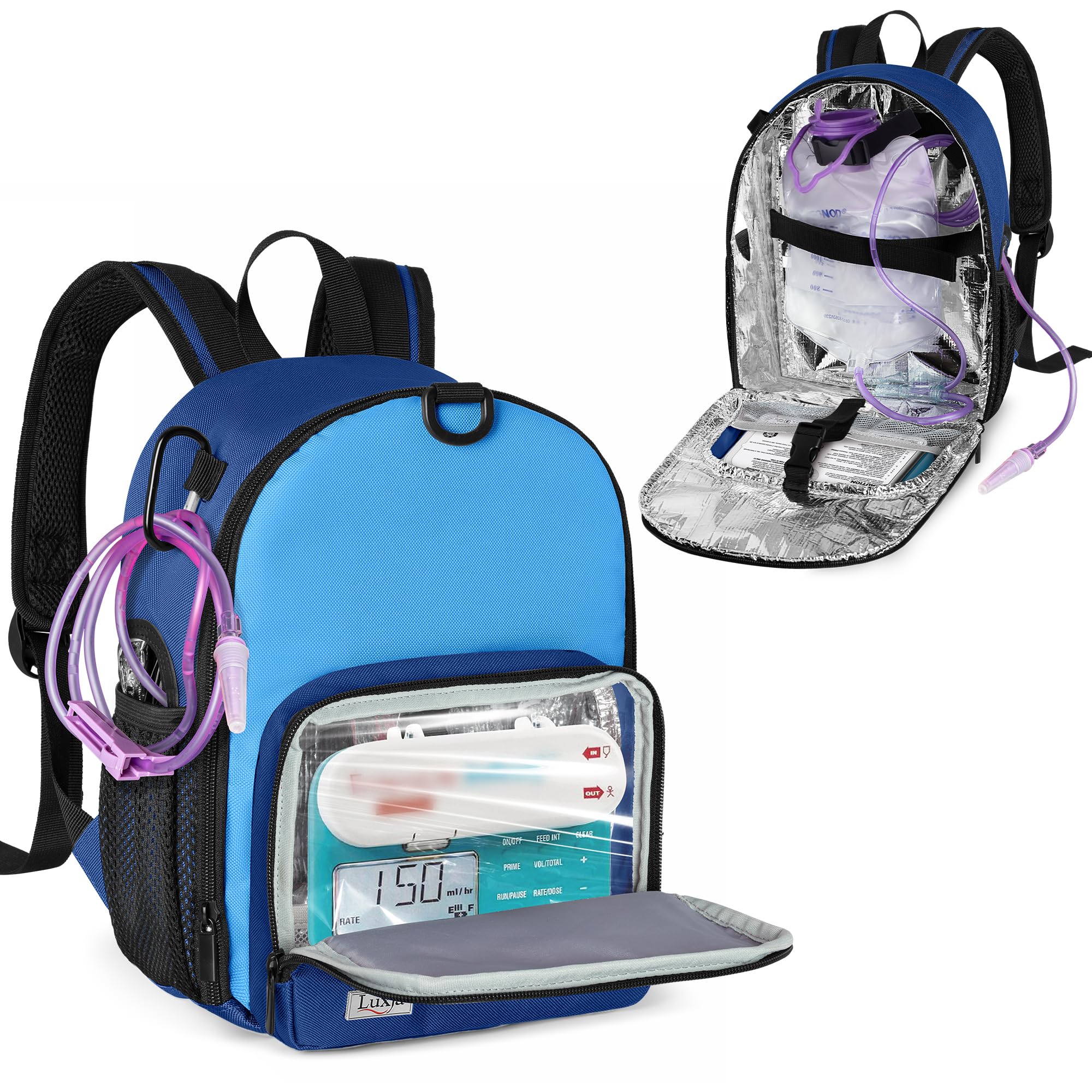 LUXJA Feeding Tube Backpack Fits 500ml Bag and Enteral Feeding Pump (Compatible with EnteraLite Infinity and Kangaroo Joey), Feeding Tube Bag for G Tube, J Tube and GJ Tube, Blue