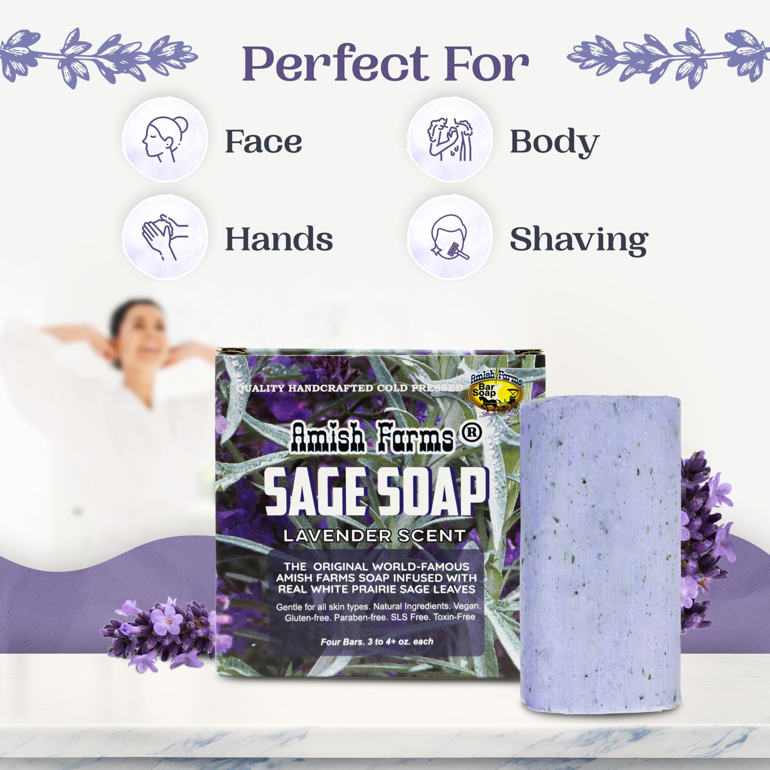 Amish Farms Sage Soap Bar, Original Recipe with Bentonite Clay, Lavender Scent – Handmade in USA, Face & Body Soap Scrub, No Parabens, No SLS, Gentle for Sensitive Skin (4 Bars)