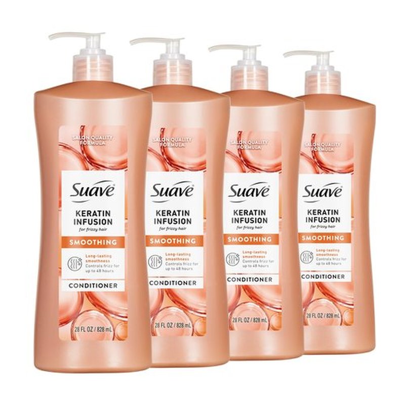 Suave Keratin Infusion Smoothing Conditioner For Frizzy Hair, Anti-Humidity & 48HR Frizz Control, Smooths & Detangles for Easy Styling, 28 FL OZ Pump, 4 Count