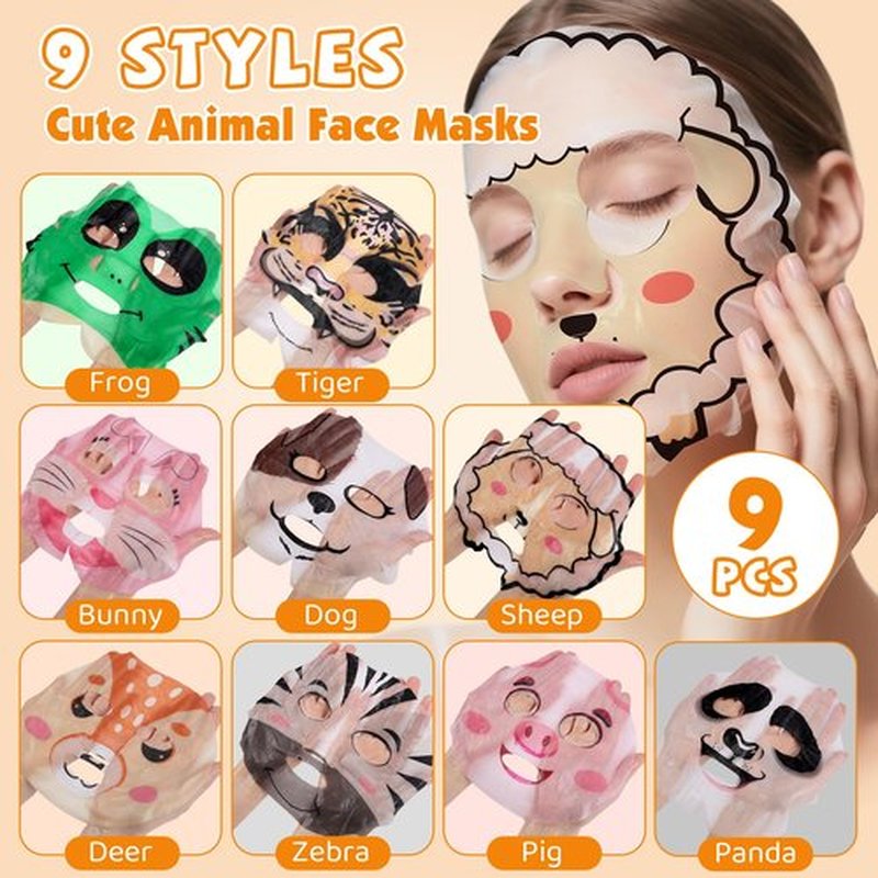KONEUK 9 Pack Animal Face Masks Skincare for Kids, Bulk Sheet Hydrating Face Mask for Kids Skin Care, Collagen Face Mask for Teens Women, Easter Basket Stuffers, Spa Party Gifts for Teen Girls
