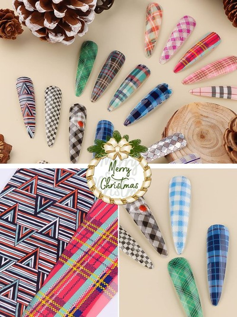 20 Sheets Buffalo Plaid Nail Foil Transfer Sticker, Kalolary Christmas Holographic Lines Foil Full Nail Wraps Decals for Winter DIY Nail Art