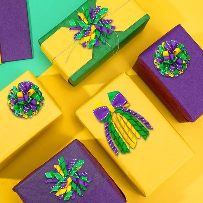 JUNEBRUSHS Mardi Gras Hair Bows Clips for Girls, Curly Bows with Alligator Clips, Purple Yellow Green Ribbon Hair Clip, Mardi Gras Accessories Favor Gifts for Girls