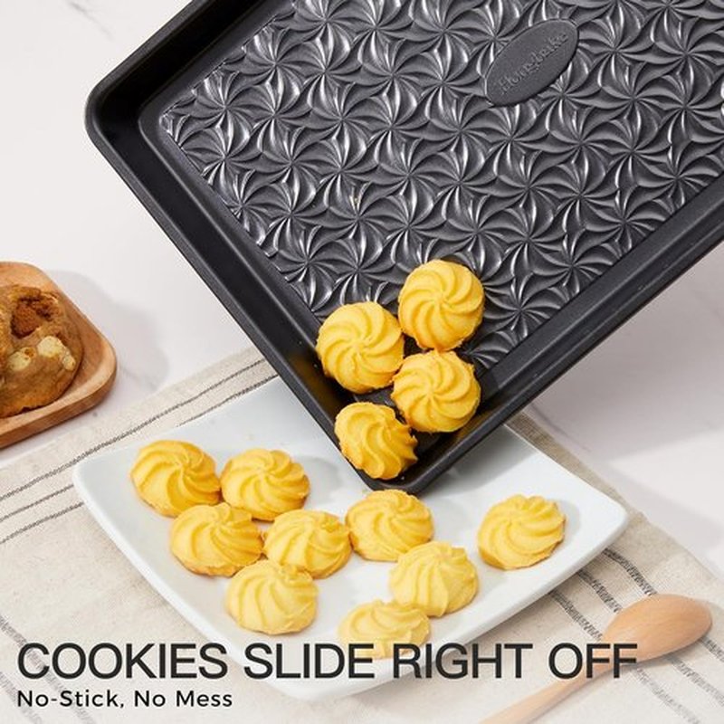 HONGBAKE Nonstick Baking Sheet Pan Set - Heavy Duty Cookie Sheets | 3-Piece Floral Swirl Design, Dark Gray