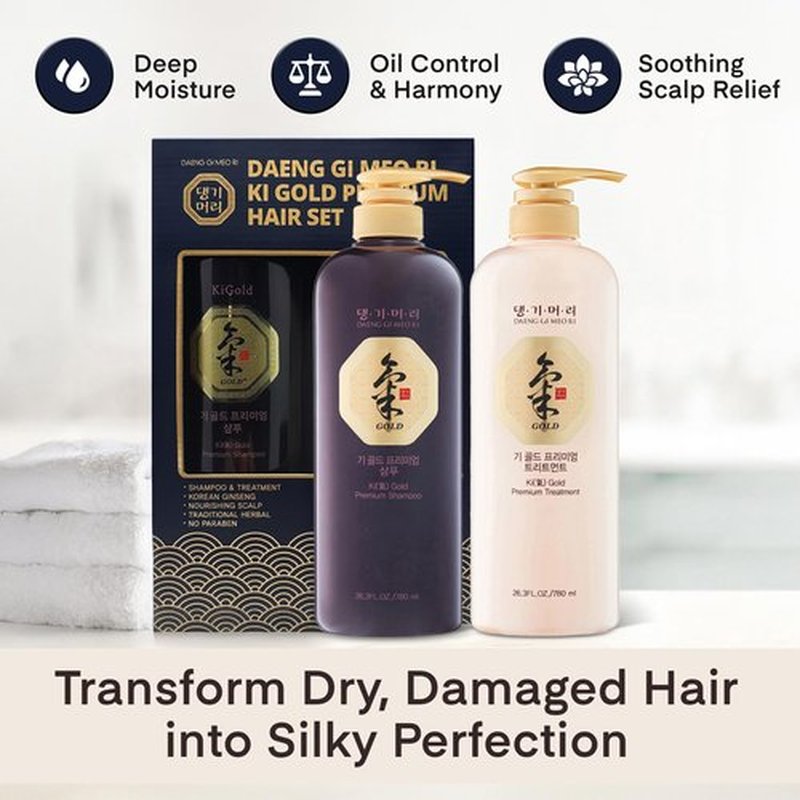 Daeng Gi Meo Ri - Ki Gold Premium Shampoo 26.3 FL OZ and Treatment 26.3 FL OZ Blue Box Set, Promotes Healthy Hair Growth, Scalp Stimulant, Prevents Hair Loss, Box Color may vary(red, blue, gold).