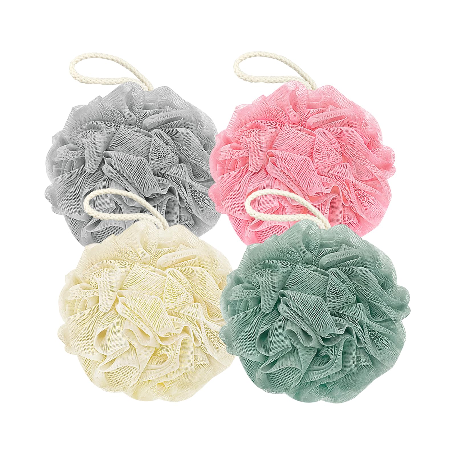 Rnoafmu Shower Loofah Bath Sponge, 60G Loofah Exfoliating Body Scrubber, 4 Color Mesh Shower Pouf Balls for Body Wash (Pink Green White Gray)
