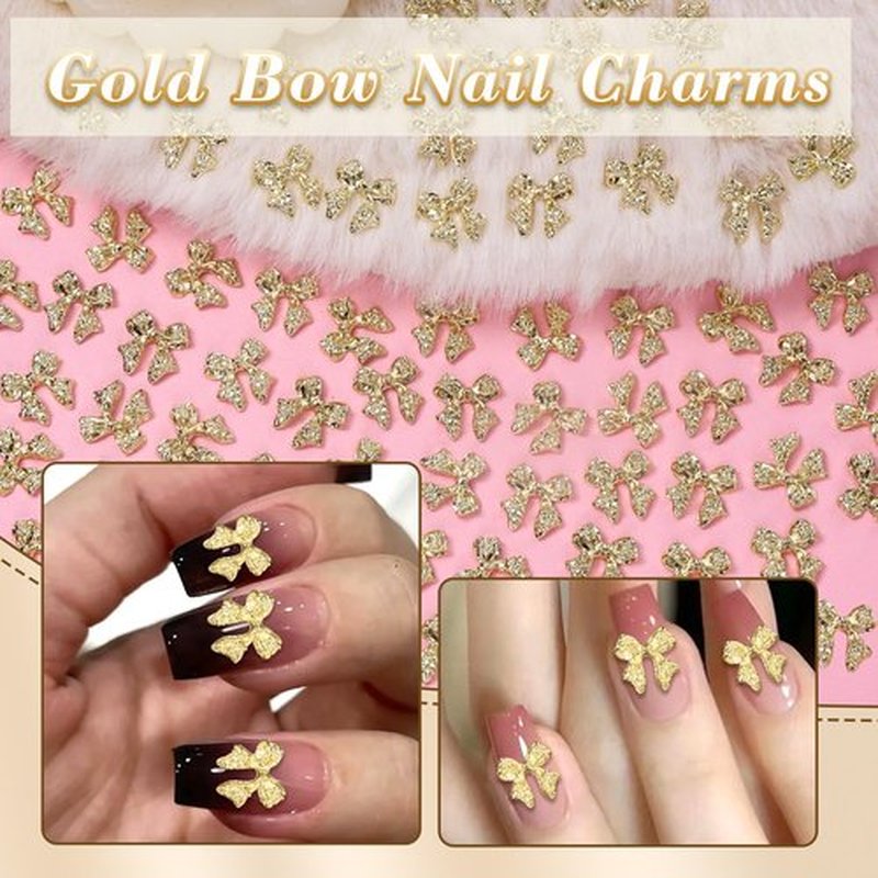 Cynailli 80 Pcs Gold 3D Bow Metal Nail Charm, Luxury Shiny Bows Nail Jewelry Charms for Alloy Nails, DIY Crafts