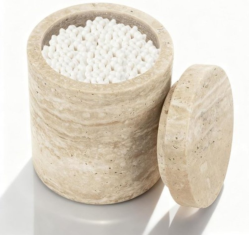 Natural Marble Canister - Elegant Cotton Swab Holder with Lid | Beige White Travertine Storage Solution