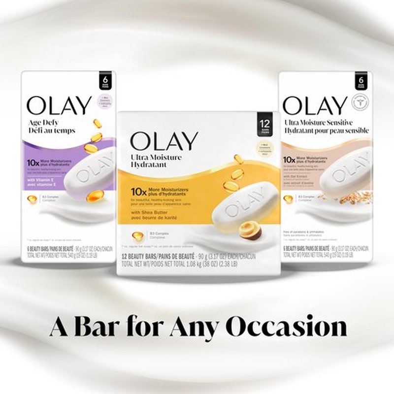 Olay Beauty Bar, Age Defying, 10x More Moisturizers, Smooth & Gentle on Skin, Vitamin E & Vitamin B3 Complex, For All Skin Types, Shea Butter Scent, 3.17 oz, (Pack of 8)