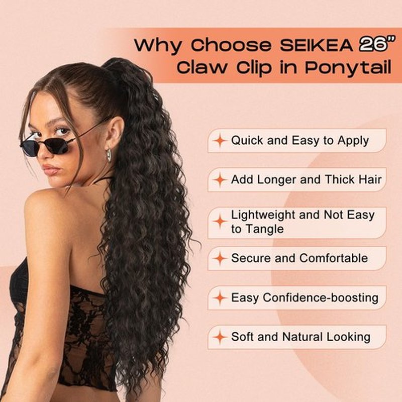 SEIKEA Ponytail Extension, 26" Claw Clip Ponytail Extension Long Lightweight Fluffy Curly Clip on Ponytails for Women Multi Layered Fake Pony tails Hair Extensions Black Brown