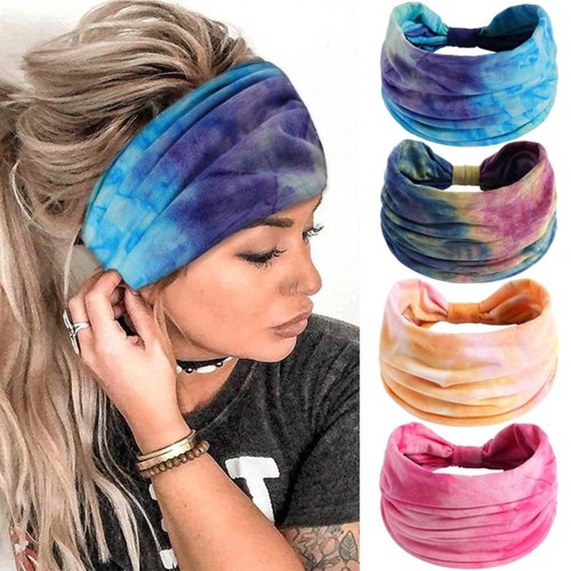 SAWINDA Wide Headbands for Women Tie Dye Headbands Boho Stretchy Non Slip Head Bands for Women's Hair African Cloth Bandanas for Women Yoga Workout Head Wraps Accessories 4 Pack
