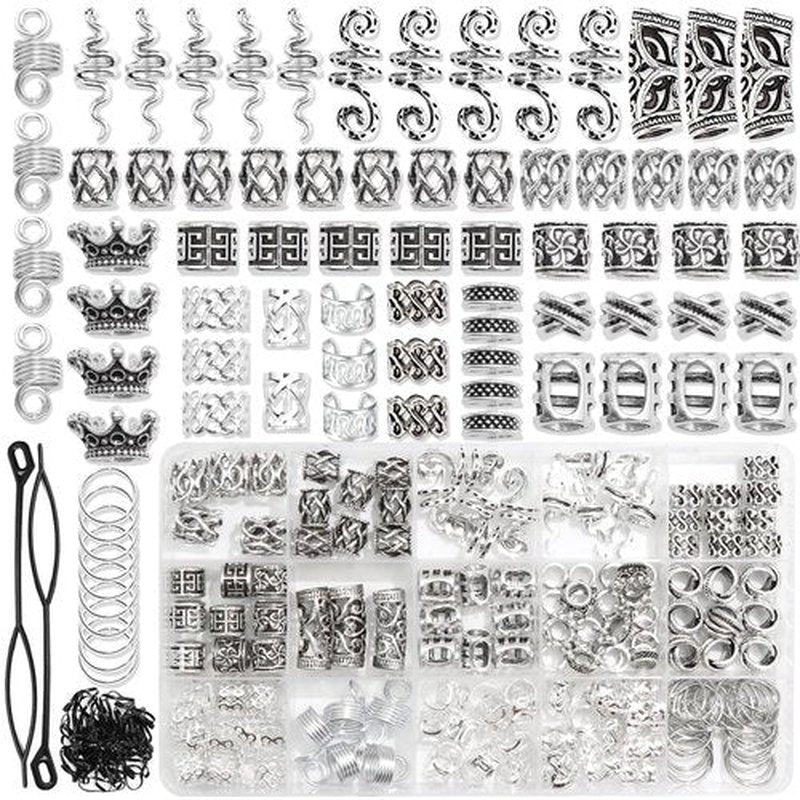 NAISKA Vikings Hair Jewelry for Braids 231Pcs Norse Runes Tube Beads Loc Dreadlock Accessories Metal Clips Cuff Rings Locs Jewelry Braiding Beard Decoration for Women and Girls