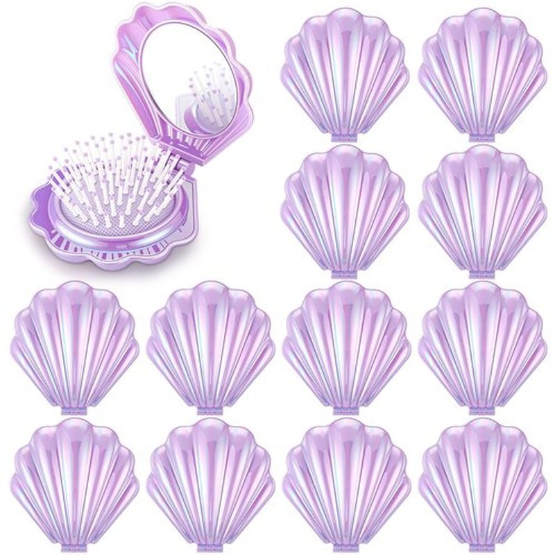 Meanplan 12 Pcs Mermaid Party Favors Shell Hair Brush with Mirror Foldable Mini Travel Pocket Hair Brush Compact Makeup Comb for Women Girls Valentines Day Birthday Gifts(Purple)