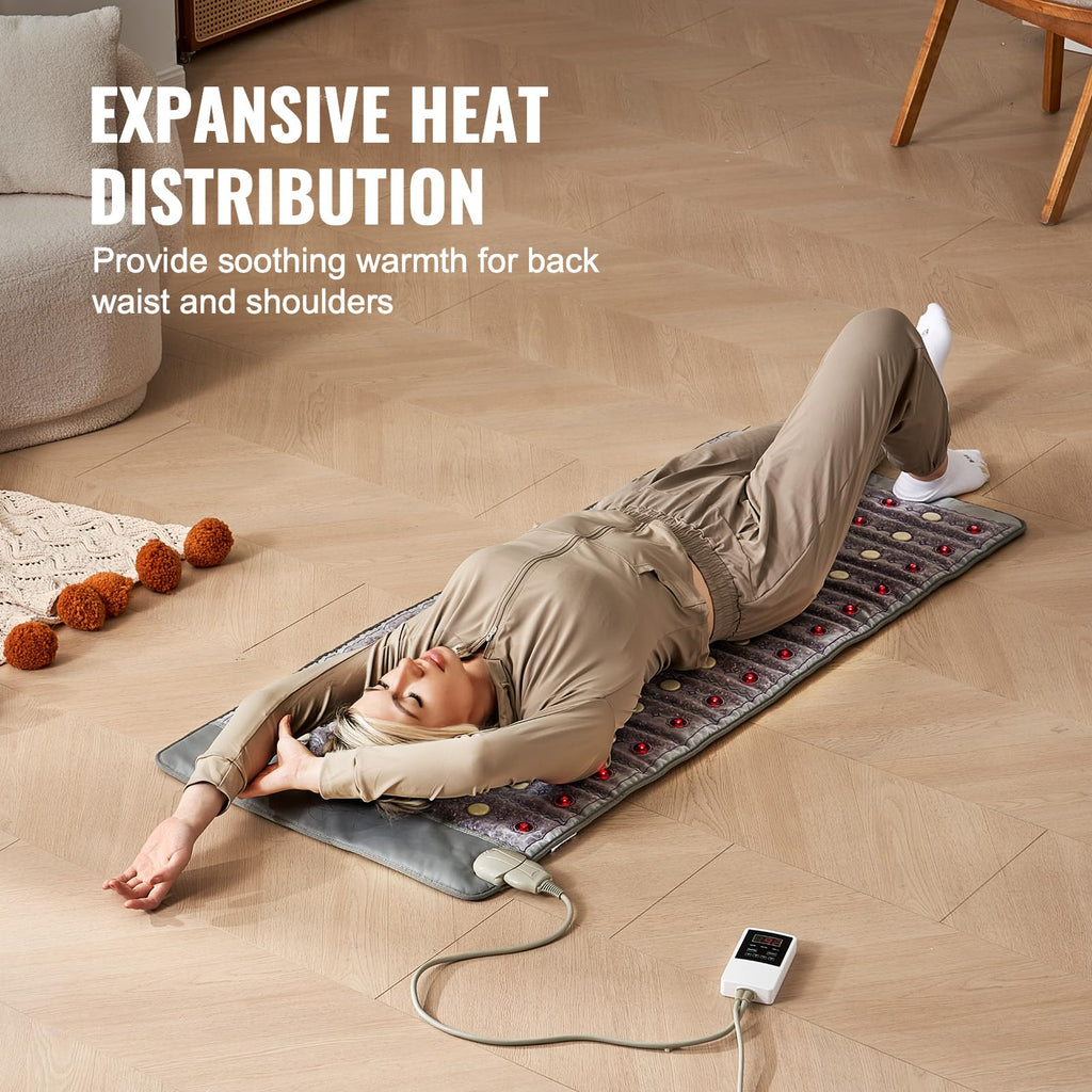 VEVOR Far Infrared Heating Pad, Jade & Tourmaline Stones Heating Pad with 660nm Photon Light & Negative Ions, 103-159℉ Hot Gemstone Therapy Mat with 0-12 Hours Timer for Back Waist Shoulder (60"x24")
