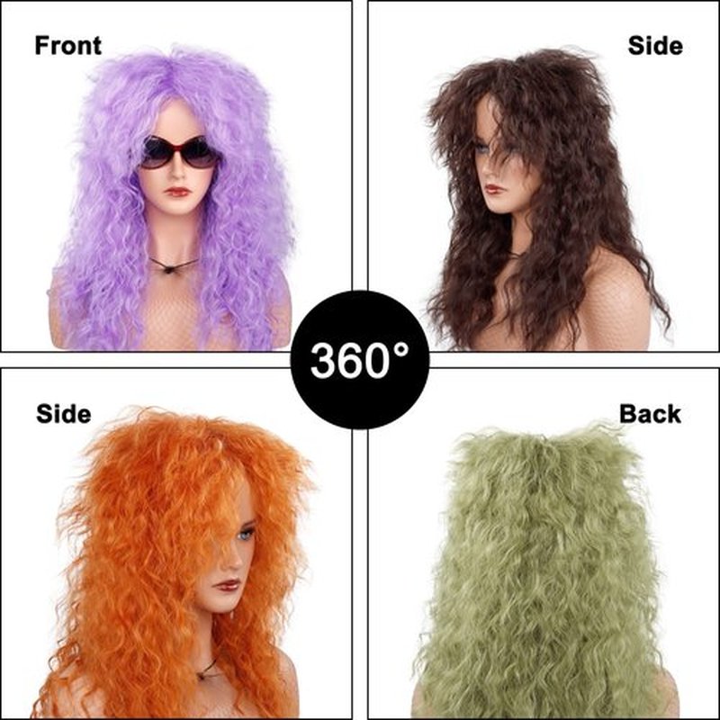 MEIRIYFA 80s Rocker Punk Wig Long Curly Wig for Men and Women Retro Mullet Wigs for Halloween Costume Cosplay Party (Purple)
