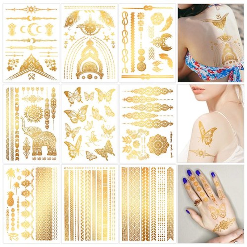 Konsait 9 Sheets Gold Temporary Tattoos, Flash Moon Butterfly Elephant Metallic Tattoos, Metallic Temporary Tattoos for Women Girls, Gold Face Tattoos for Parties Makeup Cosplay Festival Accessories