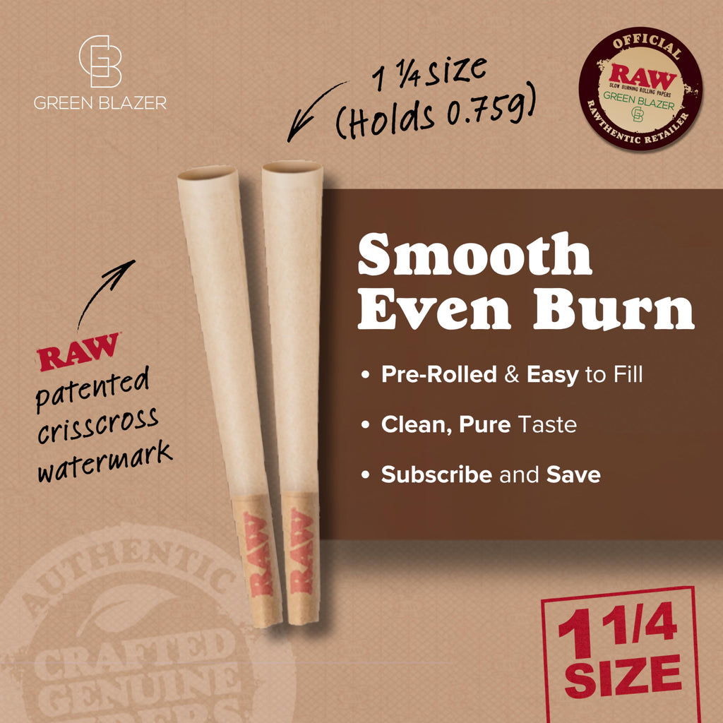 RAW Cones 1 1/4 Size: 50 Pack Patented Slow Burning Pre Rolled Rolling Papers & Tips, Classic Raw Paper, 84mm