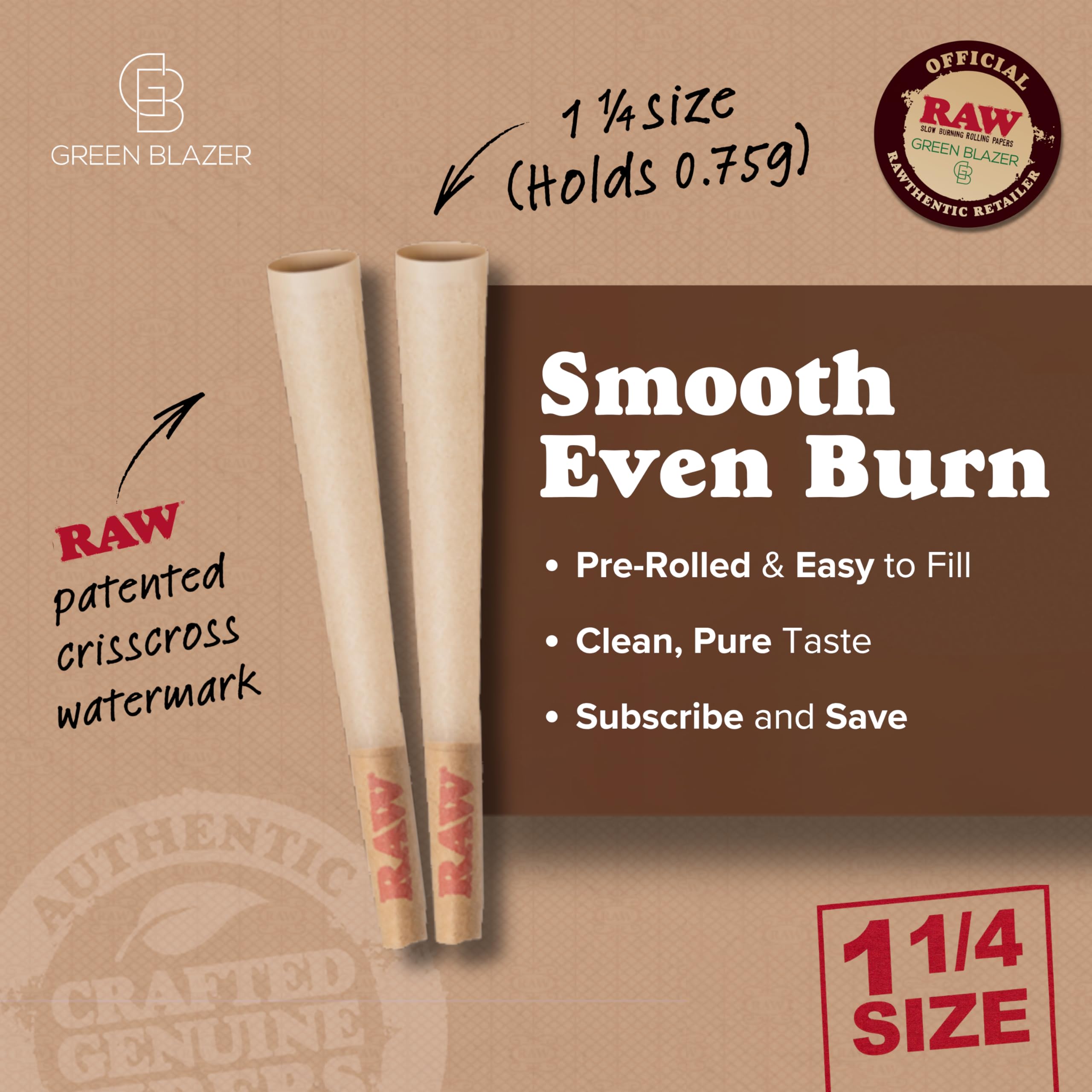 RAW Cones 1 1/4 Size: 50 Pack Patented Slow Burning Pre Rolled Rolling Papers & Tips, Classic Raw Paper, 84mm