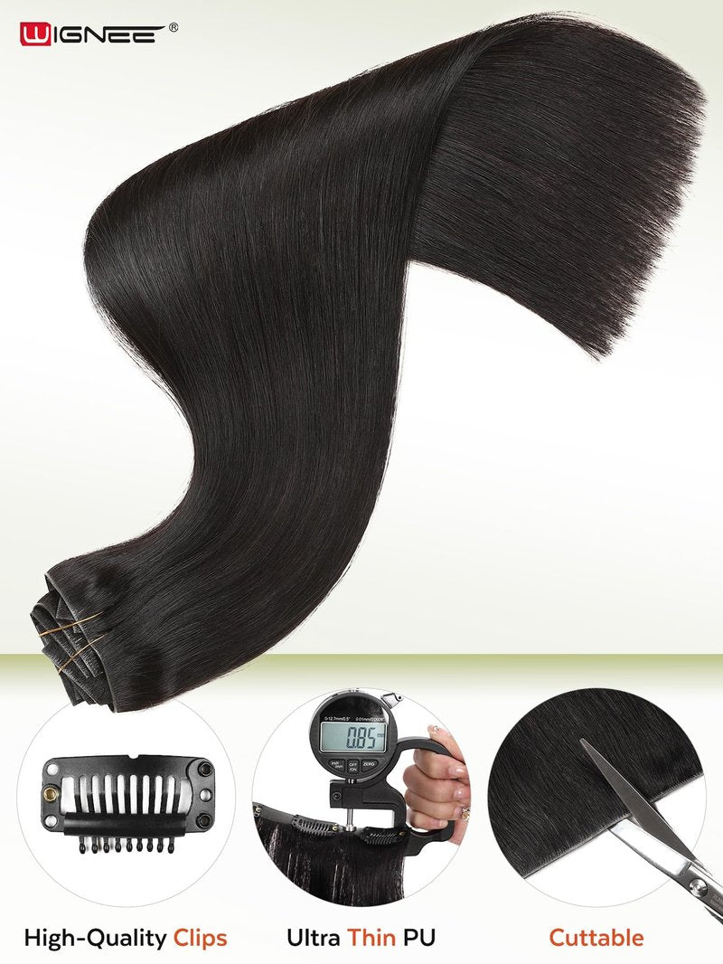WIGNEE Invisi Edge Black Clip In Hair Extensions Real Human Hair 18inch 130g 8Pcs Machine-Inserted PU Base Human Hair Extension Clip Ins Glueless Remy Hair Extensions for Women