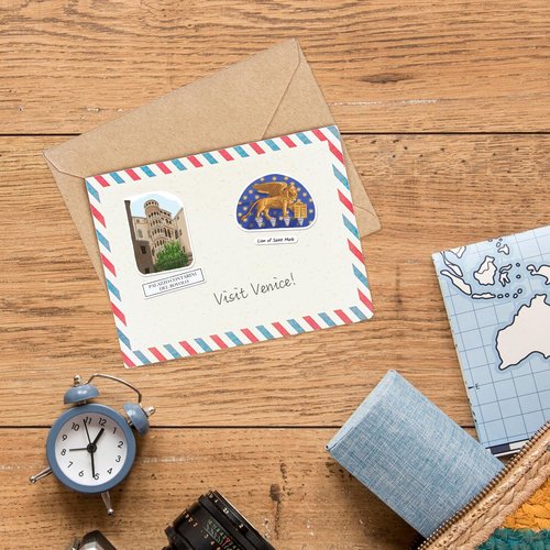 Navy Peony Velvety Venice Travel Stickers - Hand-Painted Gouache, Matte, Die-Cut - for Journals, Scrapbooks (28 Pcs)