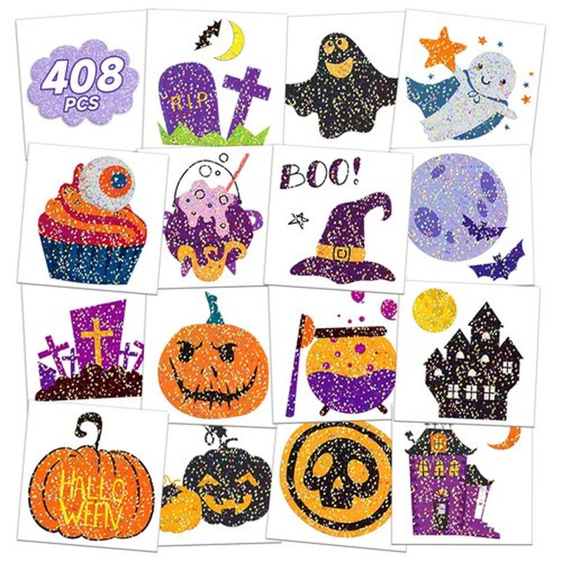 EMOME 408 PCS Glitter Halloween Tattoos for Kids, Cute Temporary Tattoo Stickers for Halloween Birthday Party Decorations, Individual Wrapped Halloween Non-Candy Treats Gifts for Kids Tattoos Bulk