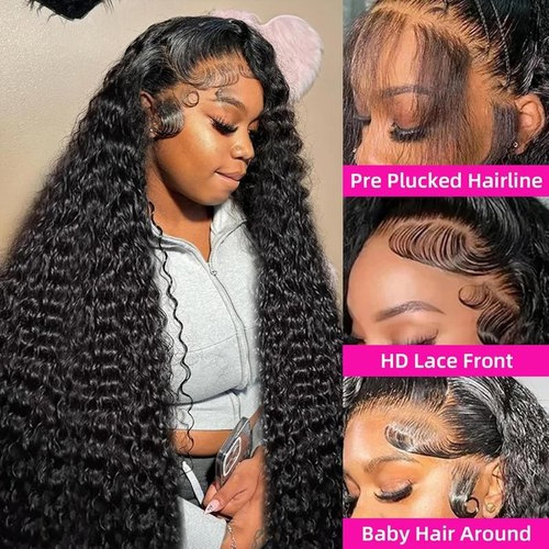 Megeen Deep Wave Lace Front Wigs Human Hair Pre Plucked 200 Density 12A Deep Curly Glueless HD Wet and Wavy Lace Frontal Wigs with Baby Hair for Women Natural Color 24 inch Deep Wave Wig