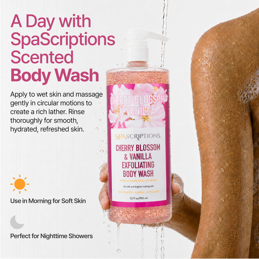 SpaScriptions Cherry Blossom & Vanilla Exfoliating Treatment Body Wash – Natural Exfoliation for Dull Skin with Asian Pear & Collagen for Radiant, Firm-Looking Skin, Hydrating Body Cleanser, 32 oz
