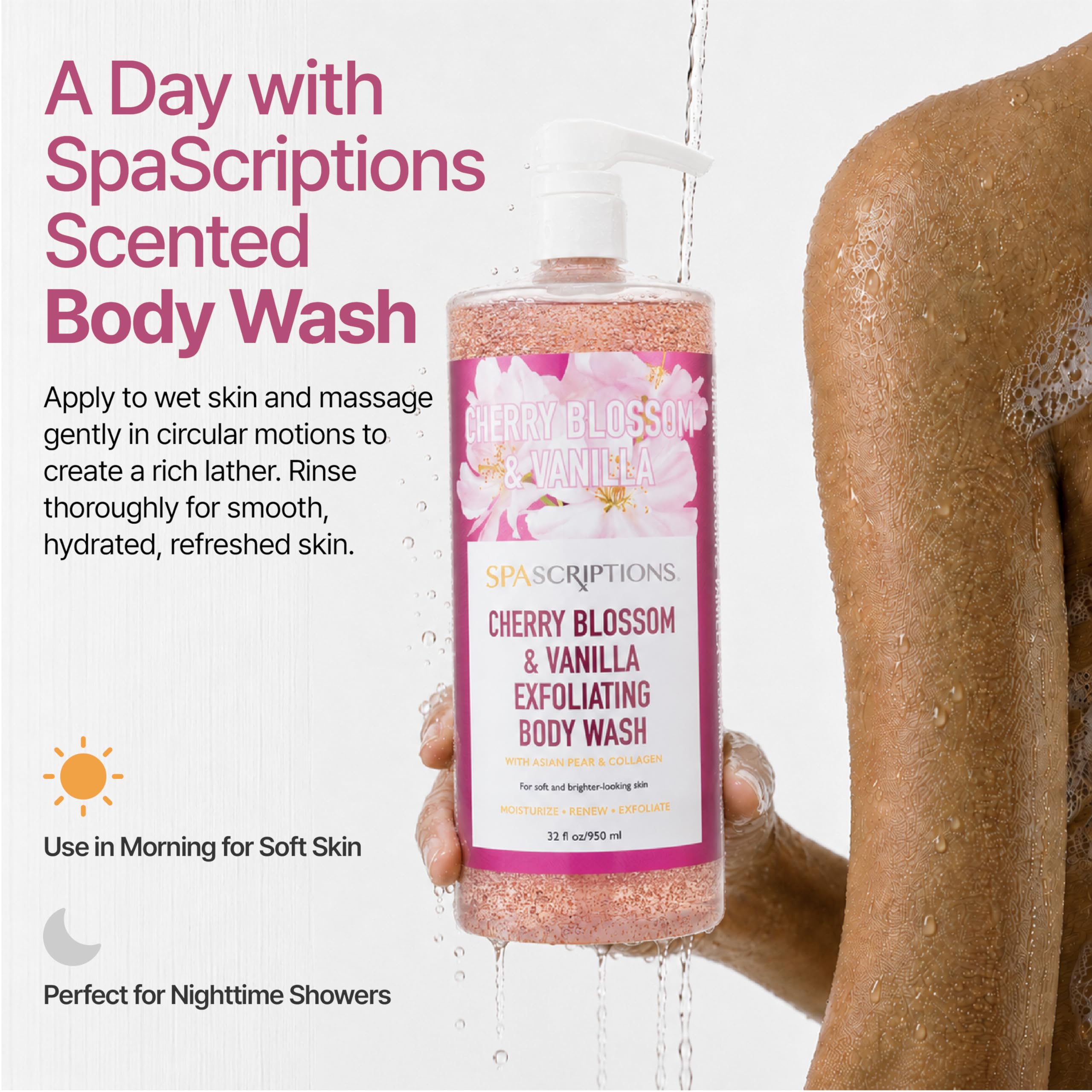 SpaScriptions Cherry Blossom & Vanilla Exfoliating Treatment Body Wash – Natural Exfoliation for Dull Skin with Asian Pear & Collagen for Radiant, Firm-Looking Skin, Hydrating Body Cleanser, 32 oz