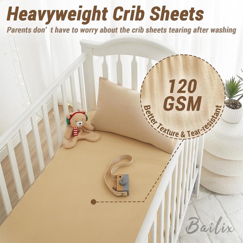 Bailix Heavyweight Muslin Baby Crib Sheets - 2-Pack Neutral Fitted Sheets | Soft 100% Organic Cotton (52"x28", Cream & Coffee)