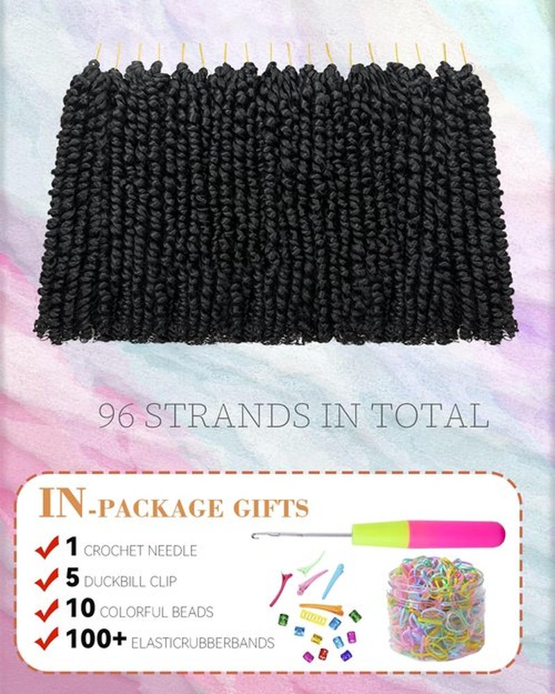Passion Twist Crochet Hair for Black Women-10 Inch 8 Packs Natural Black, Pre Looped Pretwisted Hair Extensions,Braided by Synthetic Spring Kinky Twist Bohemian Curl(10"-8P,1B)