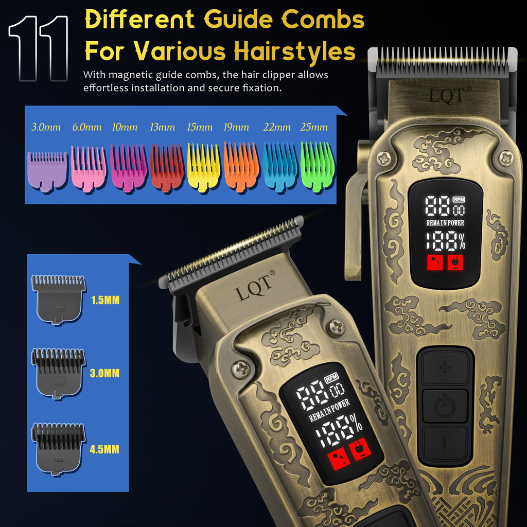 LQT Professional Hair Clippers&Trimmers Set for Men - Waterproof Cordless Electric Hair Clipper, 3-Speed Beard Trimmer&Foil Shaver with LED Battery Display - Gift for Men, Barber&Home Use (Bronze)