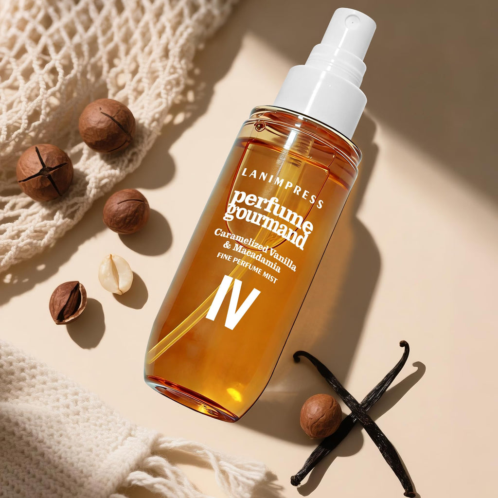 LANIMPRESS 3 FL OZ No.4 Hair Mist and Body Spray for Women,Eau De Parfum, Amber Gourmet Perfume, Sweet Scent– With Notes of Roasted Macadamia Nuts,Caramel Vanilla,Coconutblossom, Travel Size Fragrance
