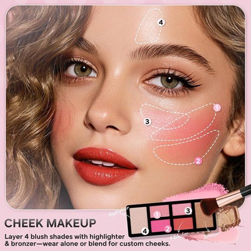 Color Nymph Beginner Makeup Kit - 24-Color Eyeshadow Palette, Blushes, Bronzer & Lipstick | Pink Cosmetic Train Case Included