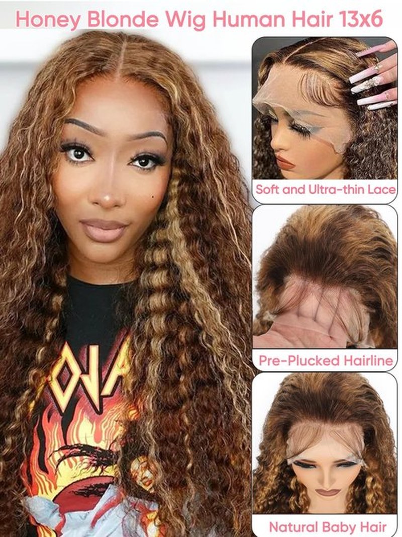 NOELLA Highlight 13x6 HD Lace Front Wigs Human Hair 20 Inch Honey Blonde Ombre Water Wave Lace Frontal Human Hair Wigs 210% Density Wet and Wavy Highlighted Curly Glueless Wig For Black Women