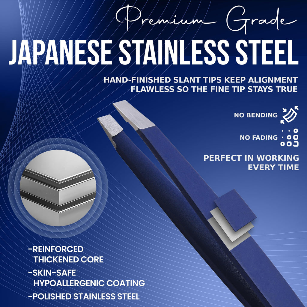 Slanted Stainless Steel Tweezers for Men & Women - Precision Eyebrow Tweezers for Facial Hairs, Strong Grip, Fine Tip, Professional Tweezer for Plucking & Grooming (Midnight Blue)