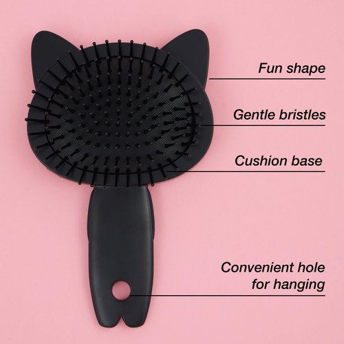 Hairbrush - 1pc Cute Animal Character Hairbrush, Comfort & Control Cushion Hair Brush w/Gentle Bristles, Cushion Base, and Animal Ears (BLACK CAT)