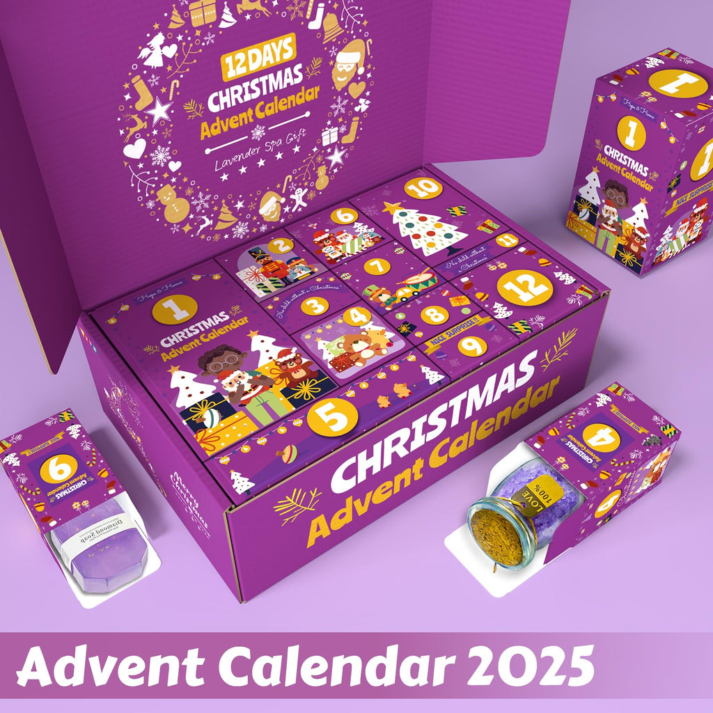 Advent Calendar 2025-12 Days of Christmas Advent Calendar for Women, Mom, Wife, Girlfriend, Sister, Her - Unique Lavender Spa Gifts Basket Set Includes Coffee Mugs, Scented Candle, Bath Salt, Soap