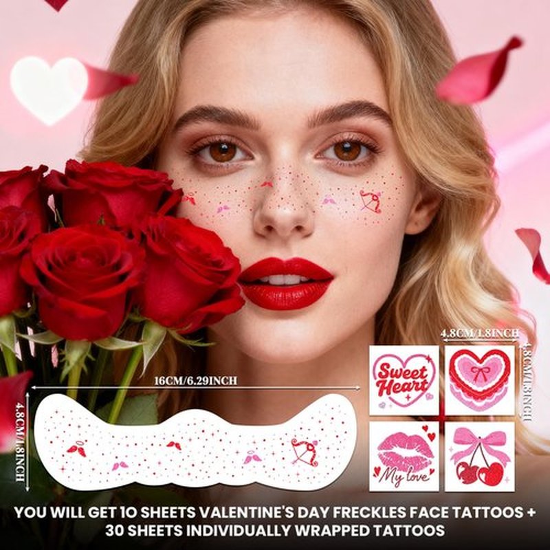 Cerlaza Valentines Day Accessories, 40 Pcs Valentines Temporary Tattoos Heart Glitter Freckles Face Stickers Makeup for Woman, Valentine's Day Trinkets Decorations Party Favors Goodie Bag Stuffers