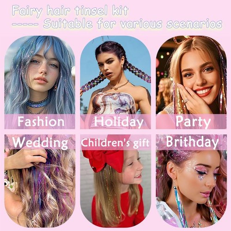 Hair Tinsel with Tools, Fairy Hair Tinsel Kit for Girls 1800 Strands Extensions, 48 Inch Heat Resistant Holographic Colored Hair Glitter Christmas Sparkle Party Halloween Festival (Gold-silver-pink)