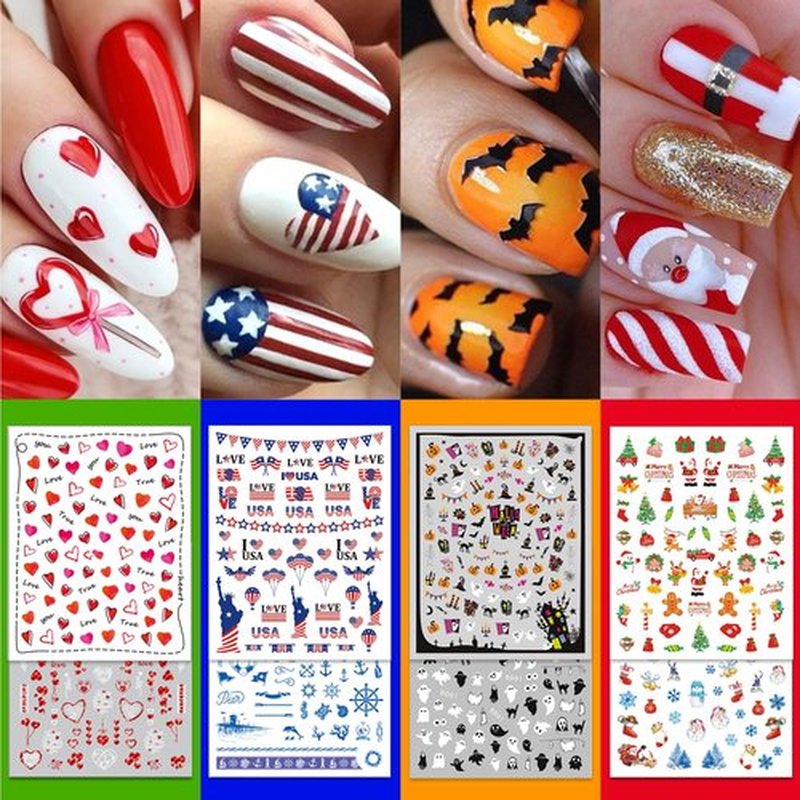 IDDFEVE 24 Sheets Seasonal Nail Art Stickers, Four Season Variety Pack All Holiday Nail Decals, Self-Adhesive Varied Design for Flowers Butterflies Halloween Christmas Spring Summer Fall Decoration