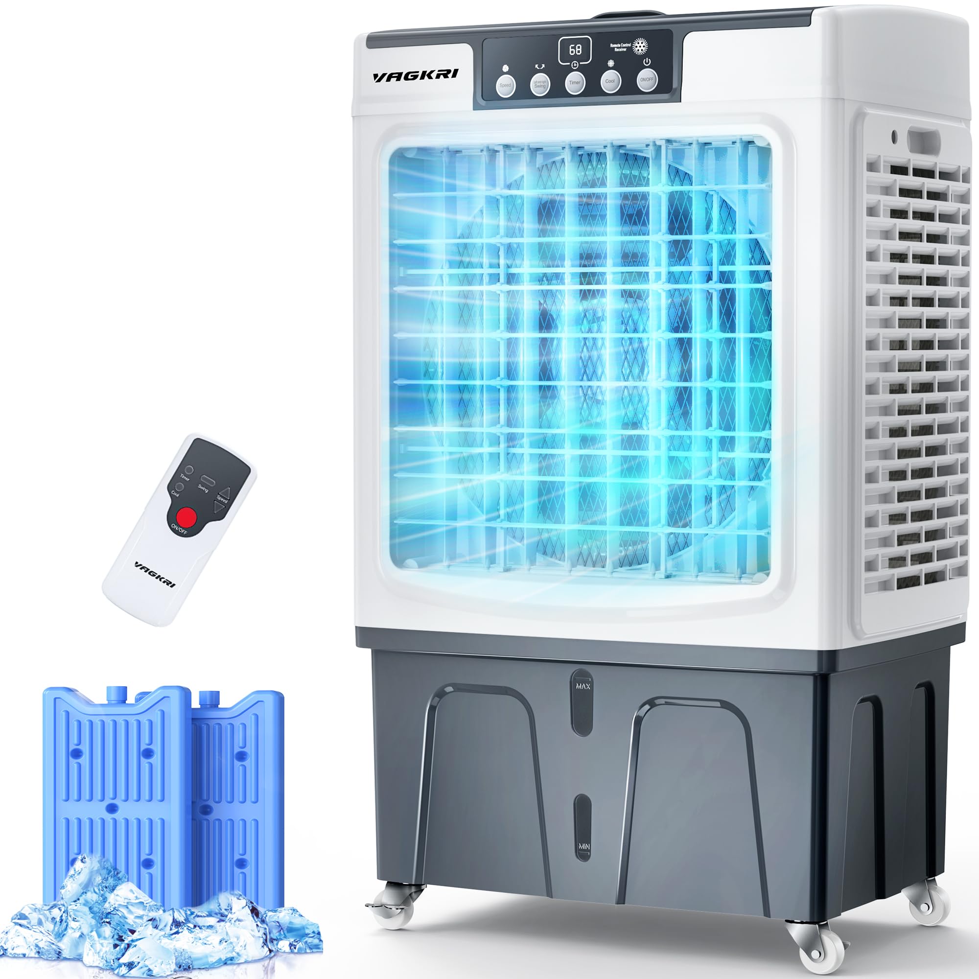 VAGKRI Swamp Cooler, 3100 CFM Evaporative Air Cooler with 12 Gallon Tank, 120° Oscillation, 3 Modes & 3 Speeds, 24H Timer, Remote Control, Outdoor Cooling Fan with Auto Fill for Patio, Garage, Factory