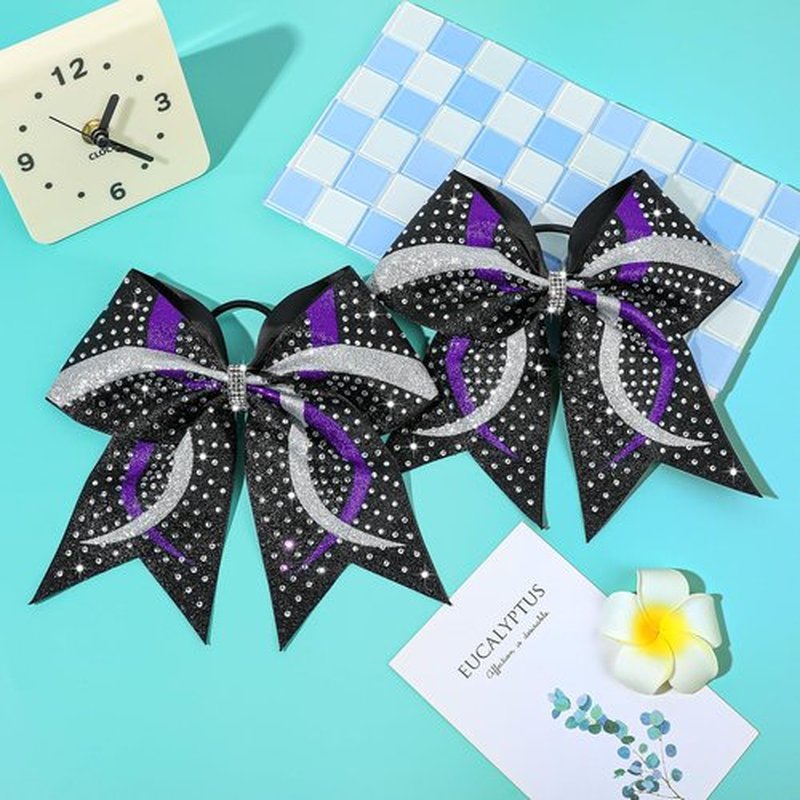 6PCS Full Glitter Rhinestone Cheer Bows Criss Cross Stiff Competition Large Cheerleading Hair Bows Elastic Band for Cheerleaders Girls -Black/Purple/Silver