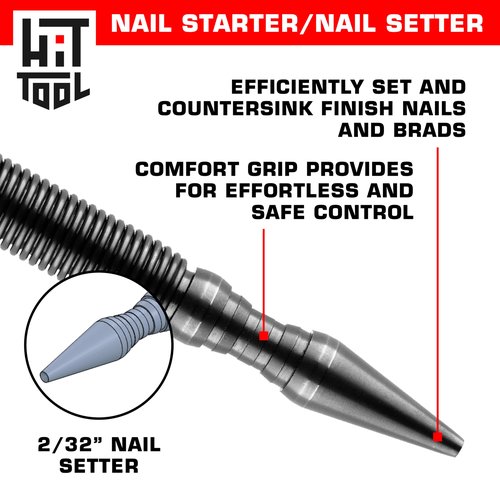 HIT Tools Dual-Tip Nail Starter & 2/32" Nail Setter – Spring-Loaded Hammerless Punch for Trim, Molding & Fine Carpentry – Compact, Rust-Resistant, Made in USA