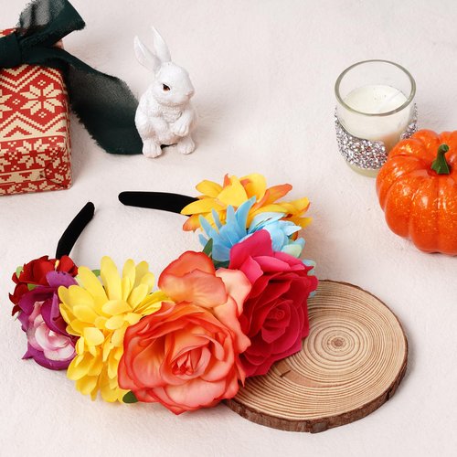Nydotd Mexican Rose Flower Crown Headband, Day of The Dead Floral Rose Crown Headband Headpiece for Halloween Costume Party (Colourful, One Size)