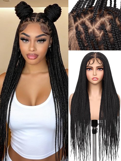 HANNE Real Full Lace Braided Wigs for Black Women 34 Inch Knotless Braided Wigs with Baby Hair 100% Handmade HD Lace Synthetic Box Braid Wig (Natural Black)