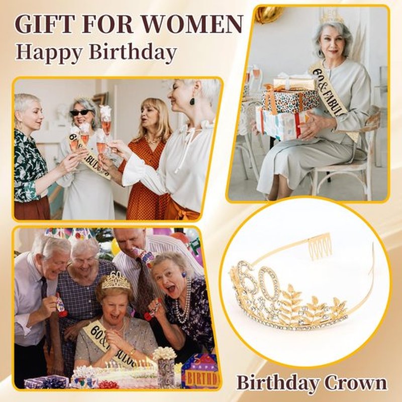 Chanaco 60th Birthday Decorations for Women, 60 & Fabulous Sash and Crown, Gold 60 Year Old Gifts, Happy Birthday Tiara for Party Decor