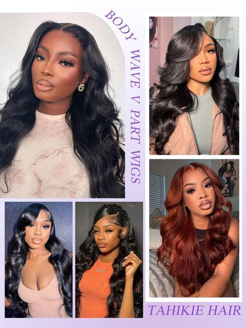 Tahikie V Part Wig Human Hair Body Wave 200% Density Upgrade U Part Wigs With Drawstring No Sew in No Glue Half Wigs Human Hair V Shape Clip In Half Wig For Women Natural Color 18 Inch