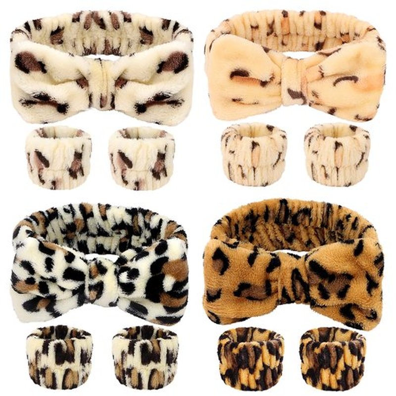 CIEHER 12 PCS Makeup Headband for Women Wrist Washband Scrunchies Cuffs for Washing Face, Soft Leopard Print Spa Headband Matching Wristbands